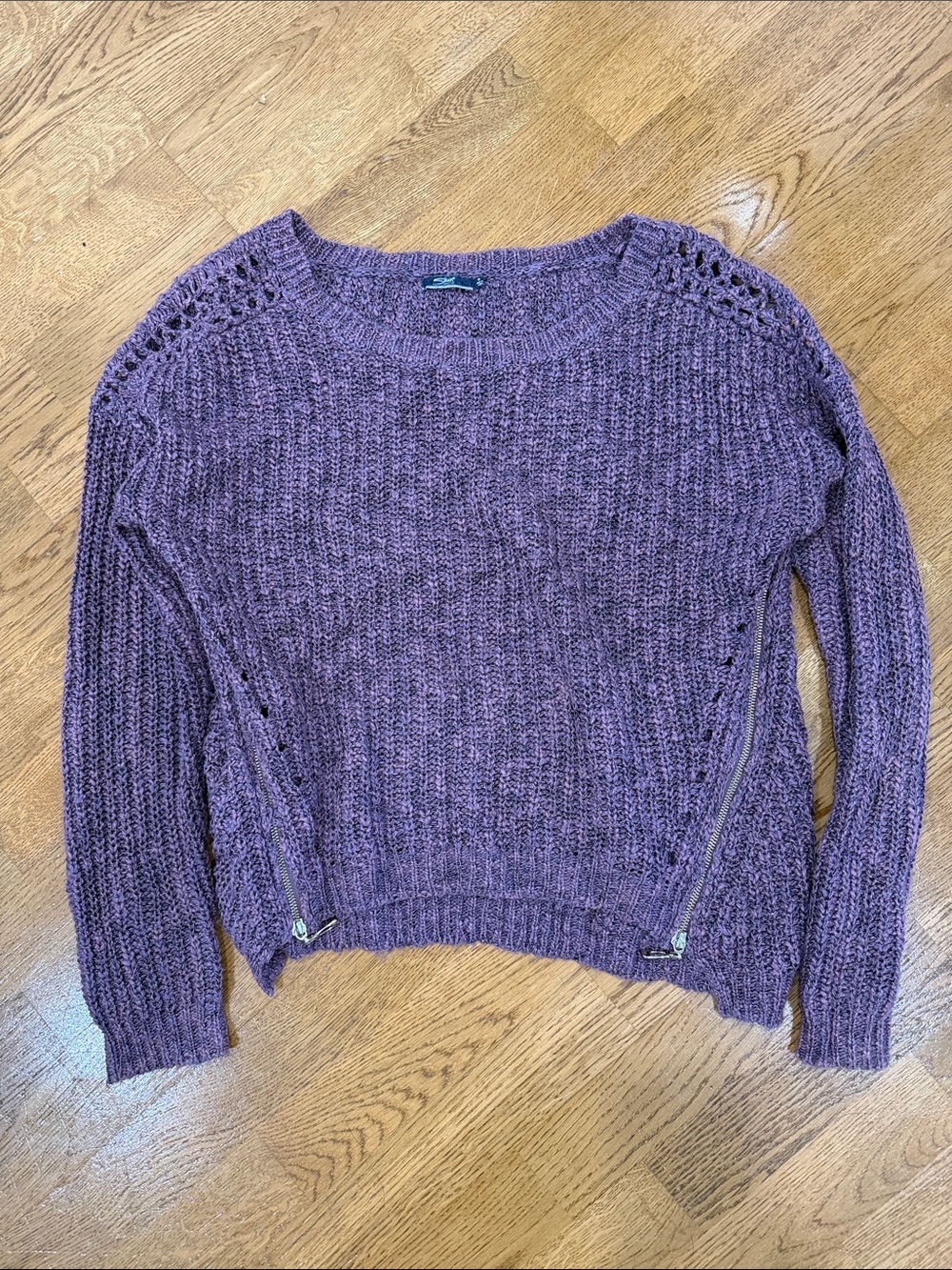 Silver Jeans Purple Textured Crewneck Sweater with Side Zippers